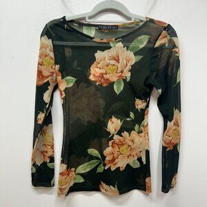 Floral Sheer Long Sleeve top S Mesh green orange fall whimsigoth